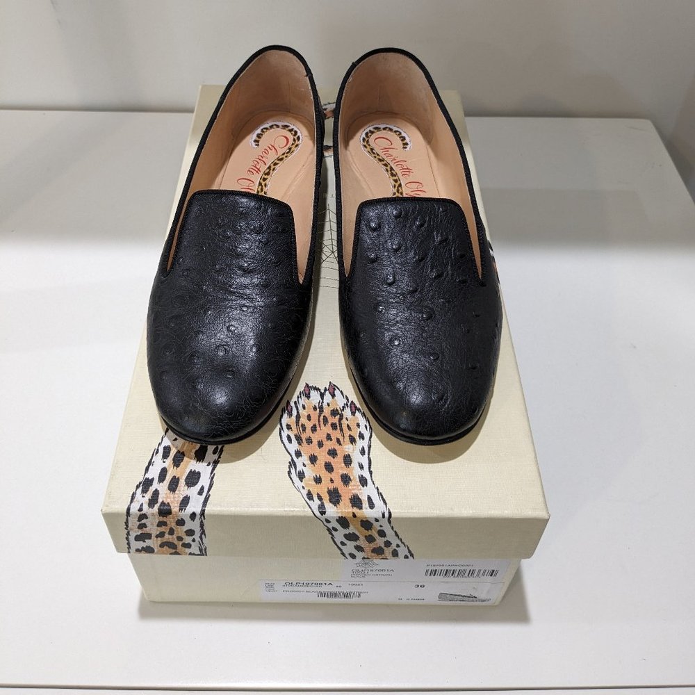 Charlotte Olympia Black Leather Ostrich Effect Loafers